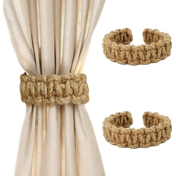 4 Pack Braided Curtain Tiebacks, Farmhouse Boho Rustic Holdbacks, Handmade Decor Accessories for Home Office Bedroom Window Drapes (4, Natural)