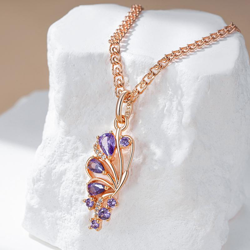 Shiny Purple Natural Zircon Butterfly Pendant Necklace For Women Trend  Rose Gold Color Daily Party Fine Jewelry