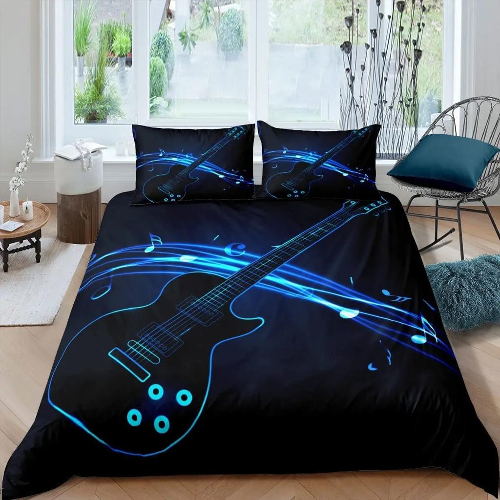 Guitar Duvet Cover Set King Queen Full Size Watercolour Style Polyester Comforter Cover for Kids Boys Girls Teens Bedding Set