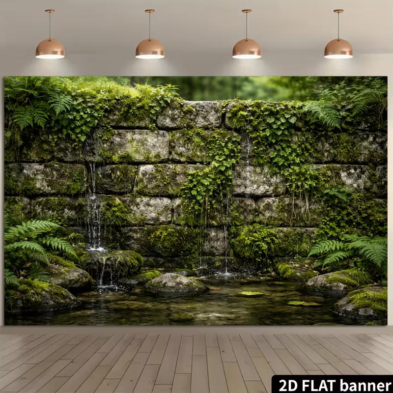 2D Vintage Garden Banner with Ivy and Pond Photo Booth Background Cloth