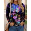 Women's Casual Long Sleeve T-Shirt  Happy New Year Fireworks Print Round Neck Pullover, Vibrant Geometric Pattern Top