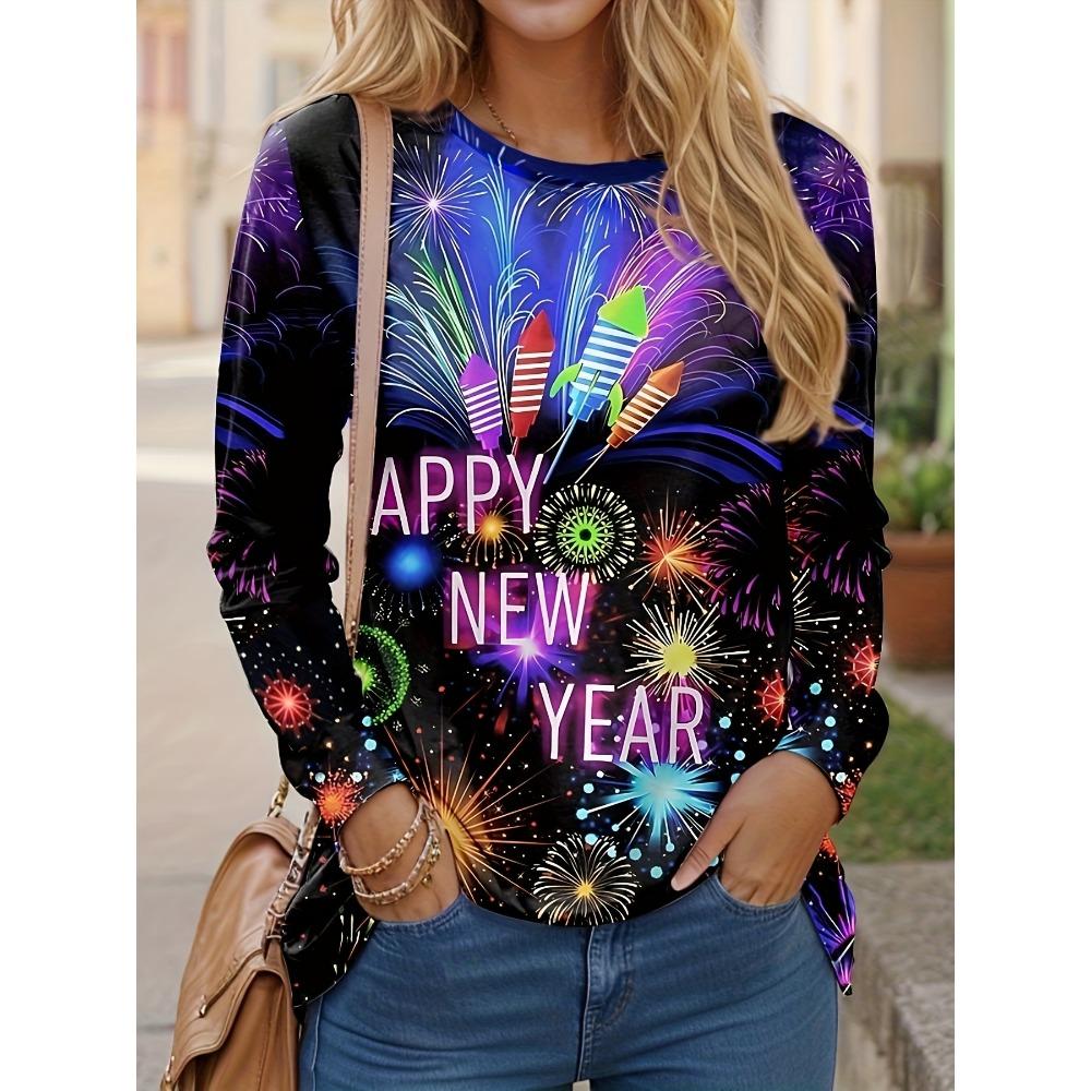 Women's Casual Long Sleeve T-Shirt  Happy New Year Fireworks Print Round Neck Pullover, Vibrant Geometric Pattern Top
