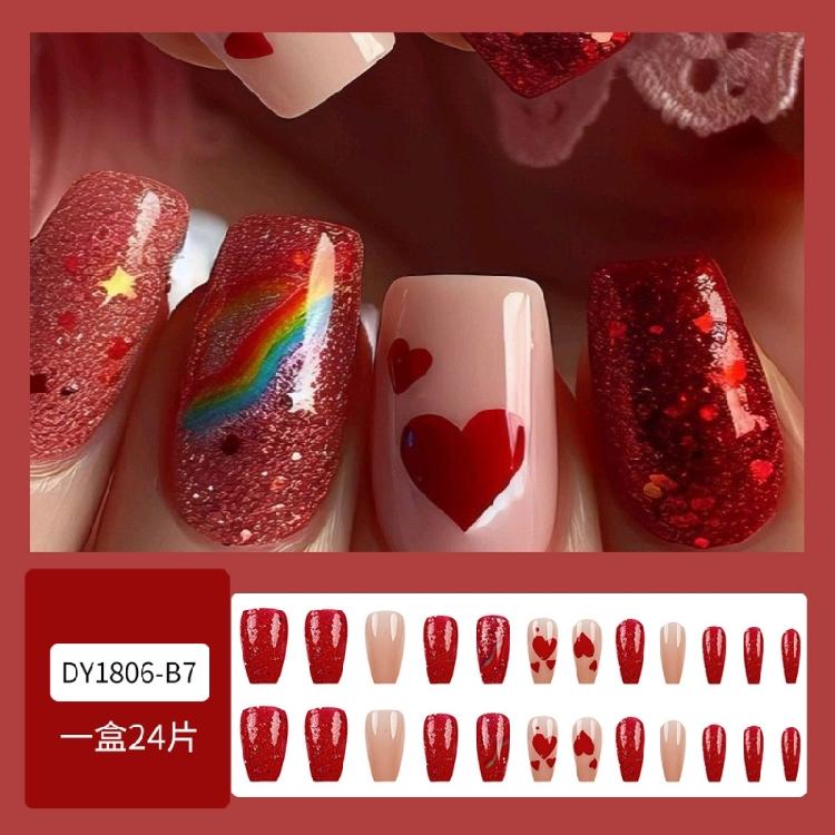 Unghia Press-on Quadrata Corta Unghia Finta Francese Copertura Totale Unghia Finta Acrilica Design San Valentino Unghia Finta per Donne e Ragazze