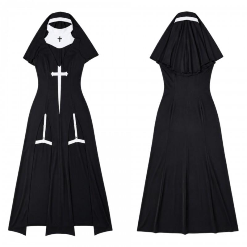 Halloween Nun Cosplay Dress Medieval Cross Long Skirt Costume Party