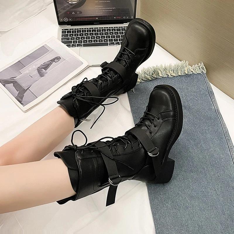 Fashion Spring Autumn Retro Middle Heel Ladies Mid Calf Shoes New Rock Goth Demi-season Comfortable and Elegant Women's Half High Boots