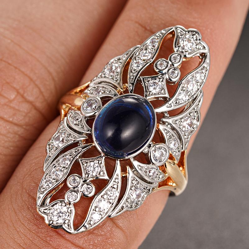 Huitan Geometric Women Ring Two Tone with Blue Stone Vintage Party Daily Luxury Finger Accessories Jewelry Inlaid Bright CZ
