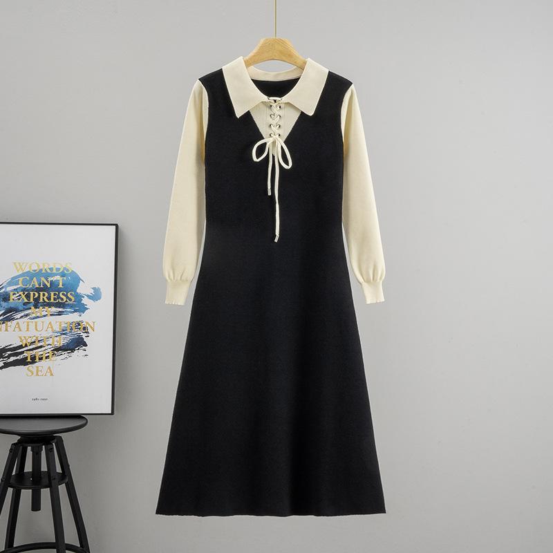 

Long-sleeved Slimming Dress for Autumn and Winter, Korean School Style, Youthful, Waist-cinching and Slimming, Two-piece Set of Patchwork Fake one size абрикосовий