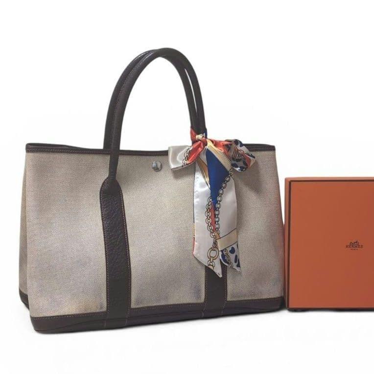 Hermes Garden Party Handbag Tote Bag Toile H PVC Brown & Beige StampF