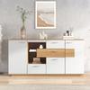 Credenza Moderna con Ampio Spazio di Archiviazione, con Illuminazione LED, 160x40x77cm, 2 Ante, 4 Cassetti, Ripiano in Vetro, Effetto Legno, Bianco.