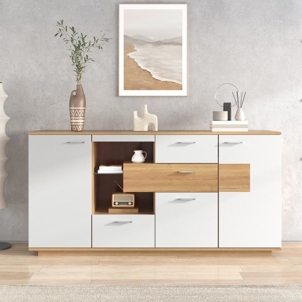 Credenza Moderna con Ampio Spazio di Archiviazione, con Illuminazione LED, 160x40x77cm, 2 Ante, 4 Cassetti, Ripiano in Vetro, Effetto Legno, Bianco.