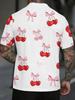 Men's Short-Sleeve Polo Shirt with Cherry Print & Pink Bow Accent - Button-Up Lapel Collar, Full-Body Cherry Pattern Suitable for Dates, Beach
