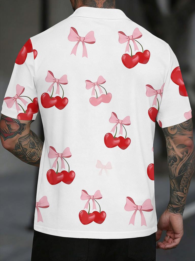 Men's Short-Sleeve Polo Shirt with Cherry Print & Pink Bow Accent - Button-Up Lapel Collar, Full-Body Cherry Pattern Suitable for Dates, Beach