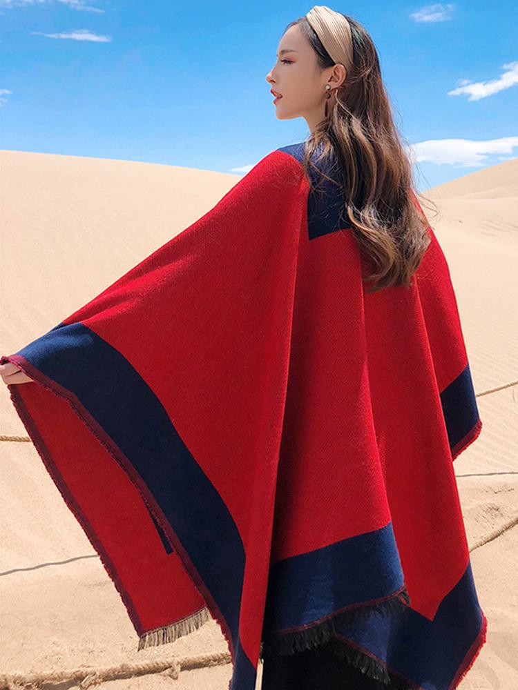 Neuer gestrickter Herbst Winter Imitation Kaschmir Schal Poncho für Damen Warmer Poncho für Damen Pashmina Langer Wickelschal Schals Umhang