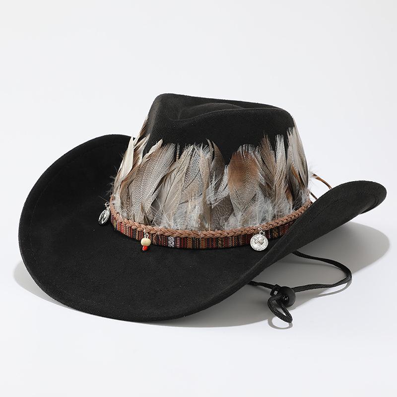 Big eaves western cowboy hat men's autumn and winter suede woolen top hat women's Tibetan feather jazz hat retro style