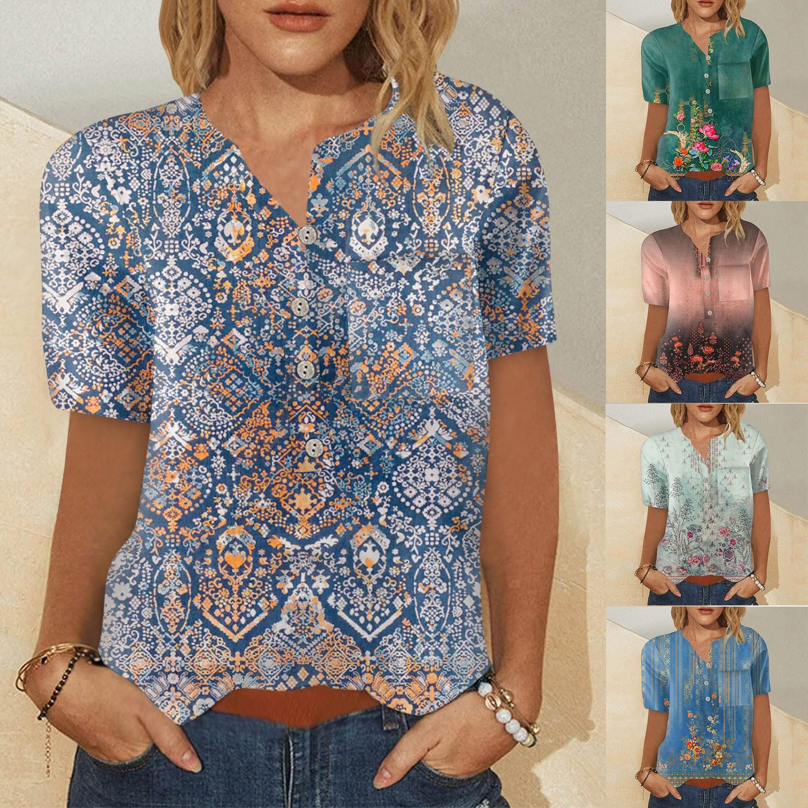 

(Острая курица)Женская однобортная рубашка с короткими рукавами и карманами в стиле ретро с цветочным принтом