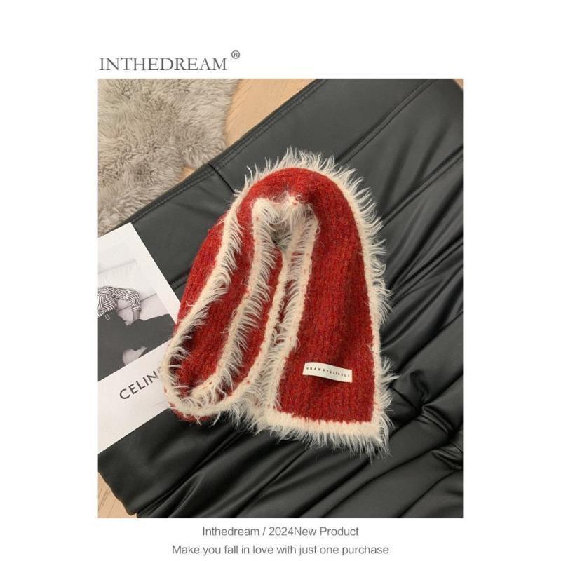 New Knitted Fur Edged Starlight White Wool Scarf for Women In Winter Warm and Versatile Small Scarf Campus Fresh