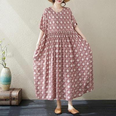 Kurzarm Plus-Size-Baumwolle im Vintage-Stil mit Blumenmuster, neu in Kleidern für Damen, lässiges, lockeres, langes Sommerkleid