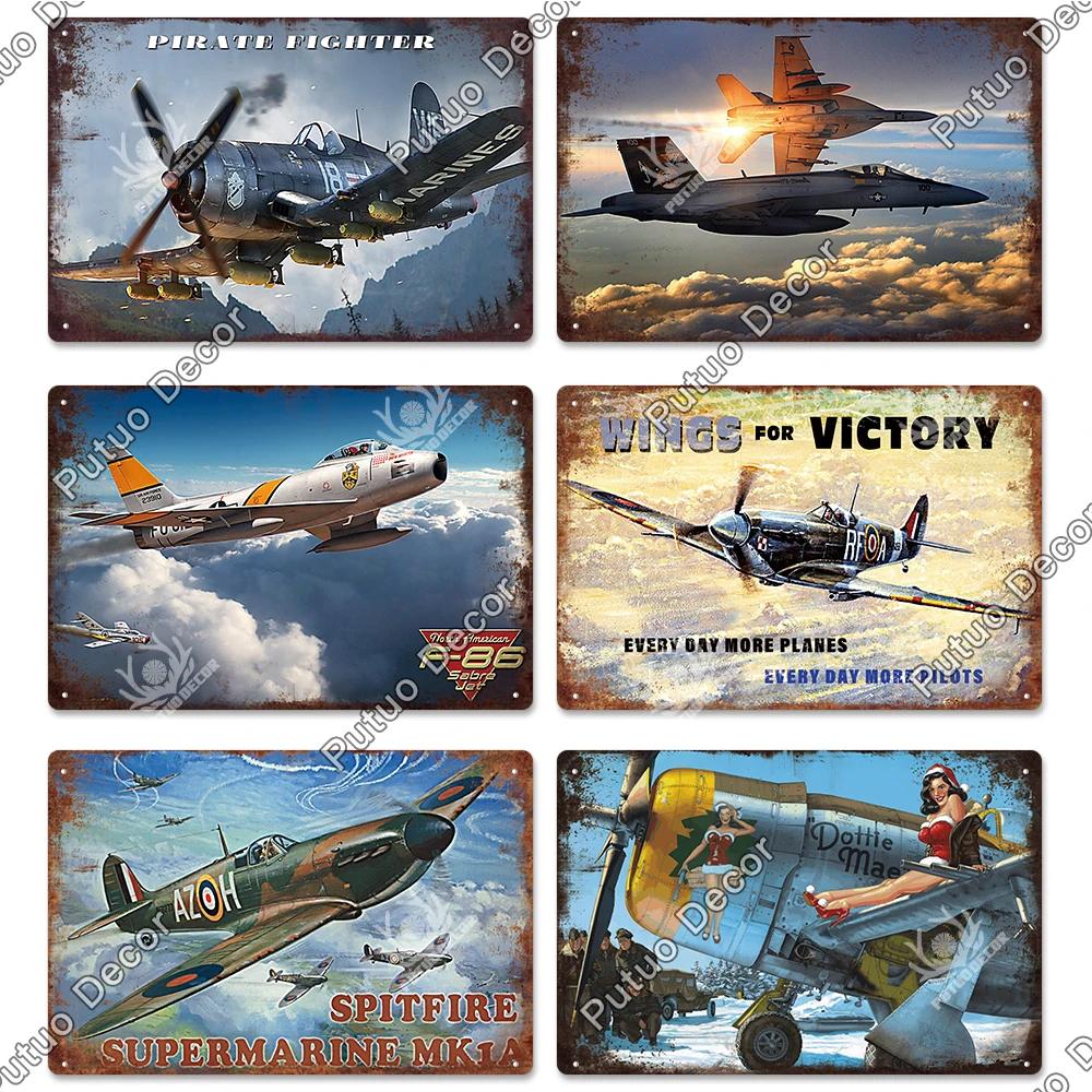 Putuo Decor Fighter Plane Vintage Tin Sign Plaque Metal Plate Retro Posters Wall Art Decoration for Garage Man Cave Pub Bar Club