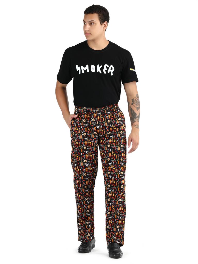 Burger Print Chef Pants 100% Cotton, Unisex BBQ Theme Kitchen Trousers, Grilling Cook Uniform, Funny Culinary Gift for Him Her, Baker Pants