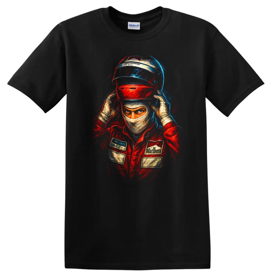 Racing Driver Helmet Graphic Art T Shirt Vintage Red Racing Suit Tee