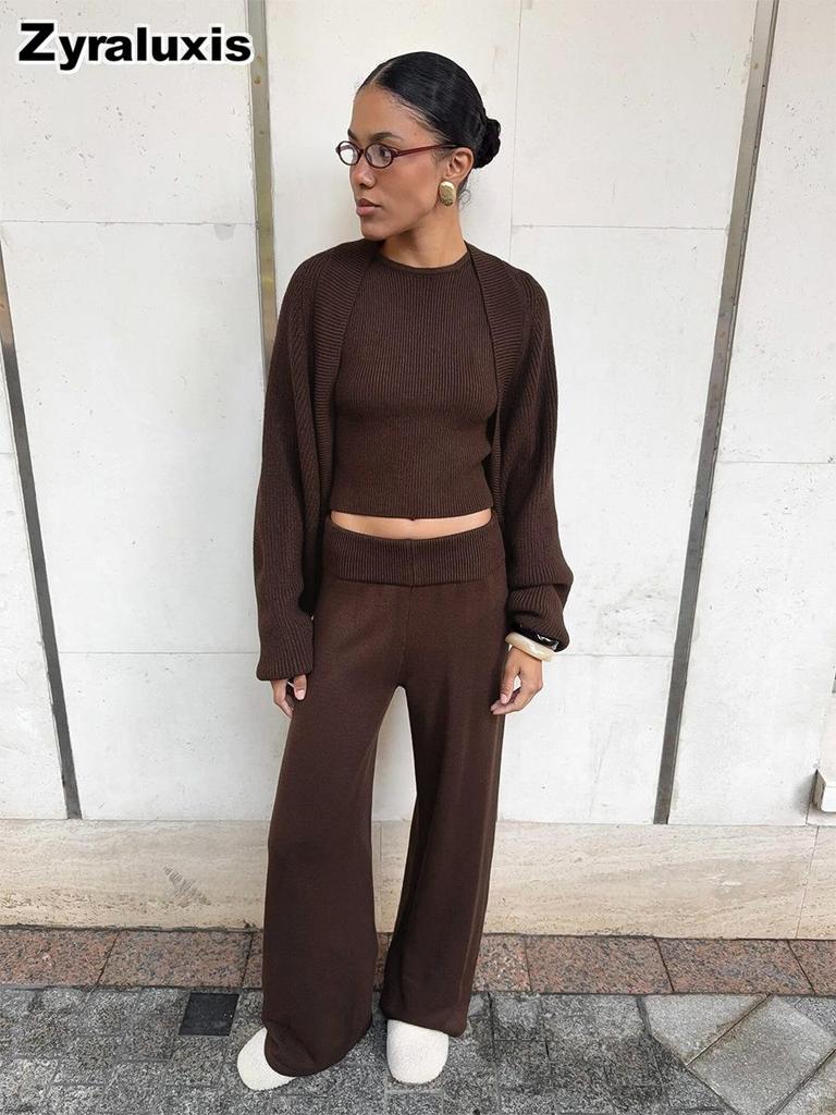 Three-piece Set, Autumn, Knitted Sweater with Loop Neck Camisole High-waisted Wide Leg Pants Suit