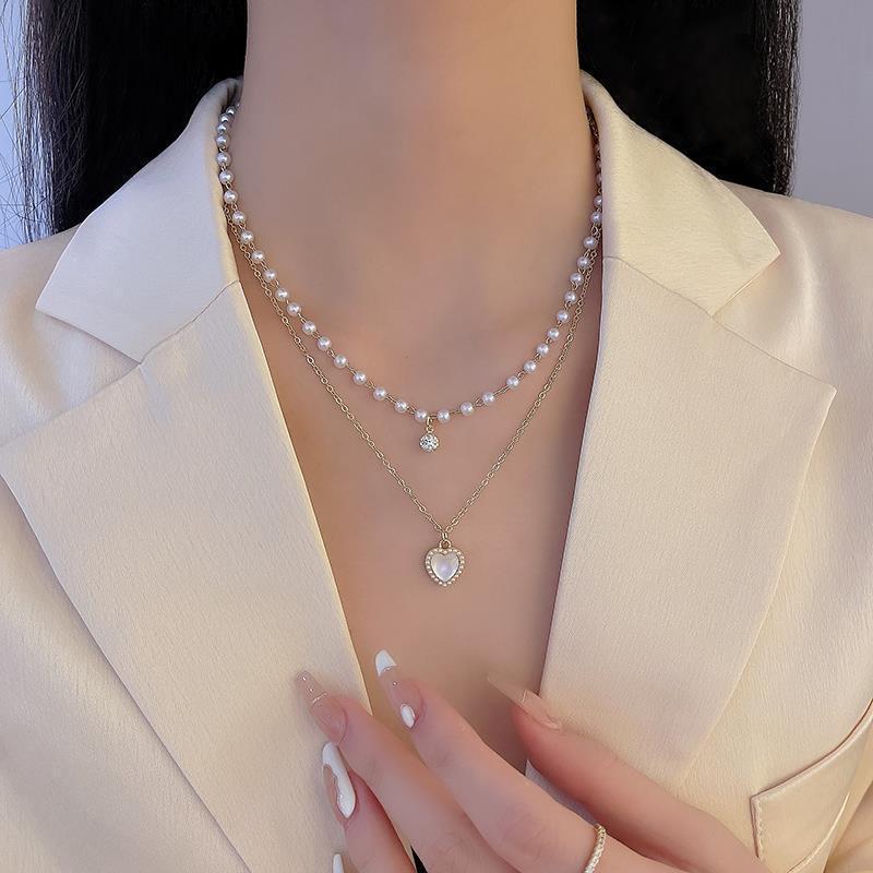 Elegant Double-Layer Pearl Necklace with Heart Zirconia Pendant for Women - Trendy Clavicle Chain