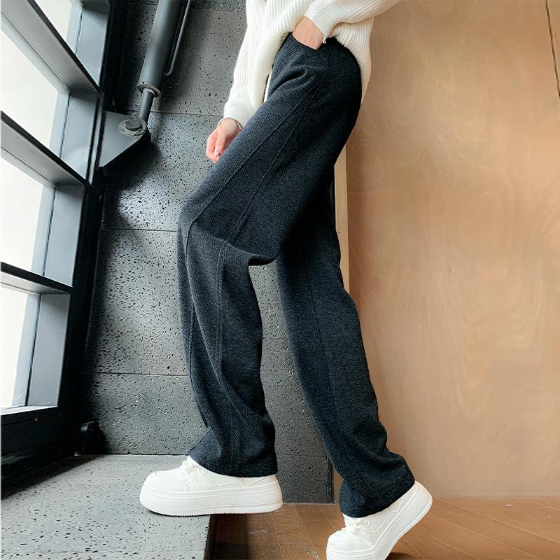 

Beige Wool Wide-Leg Women s Pants: Autumn/Winter Plus Velvet Straight-Leg, Narrow Version, Loose Extra-Long Herringbone Design. 2XL for Weight 130-140lbs