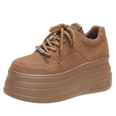 Fashion 8CM Women Leather Sneakers Autumn Spring Brown Casual Walking Shoes Chunky Sneakers High Platform Sport Skateboard Shoes Woman