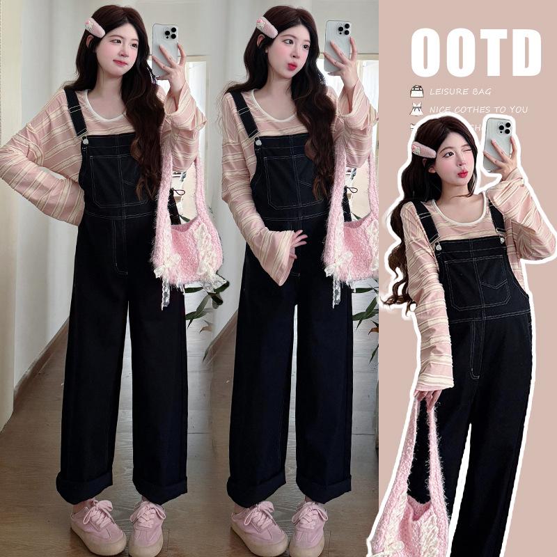 

2025 Trendy Maternity Korean Denim Overalls & Striped Top Set for Fall XL