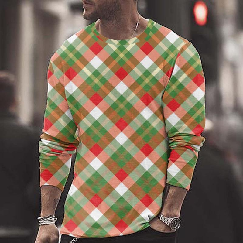 Summer Round Neck Christmas 3D Print Top Fashionable Casual Long Sleeved Men's T-shirts