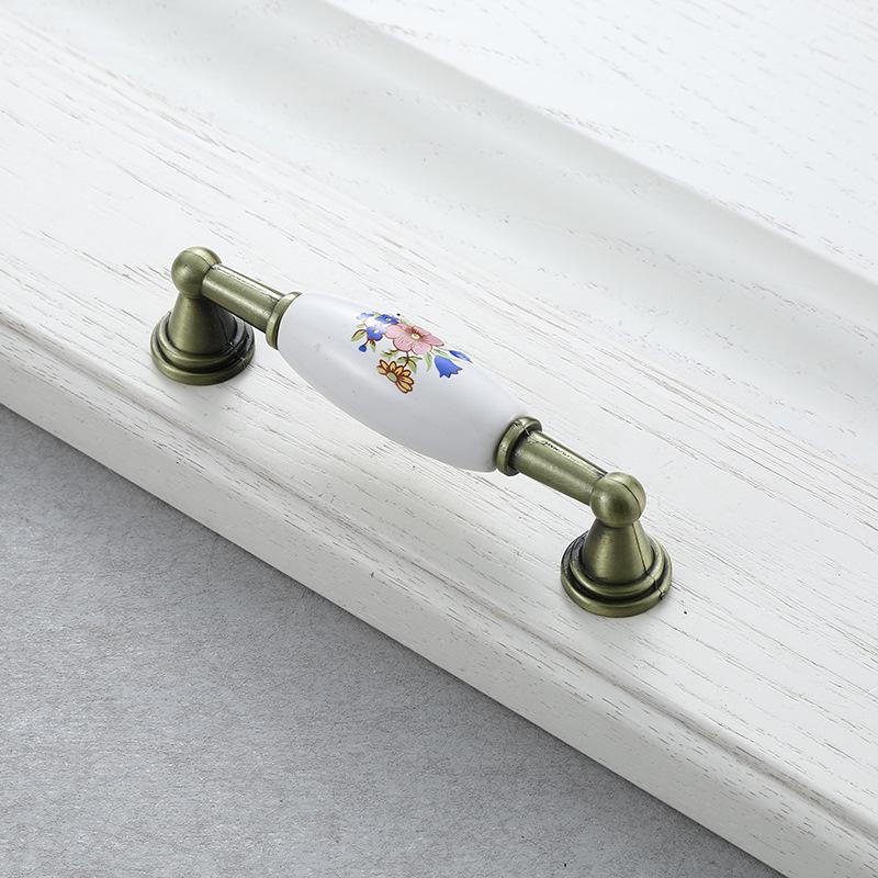 White Ceramic Pastoral Wardrobe and Cabinet Door Handle - Black Single Hole