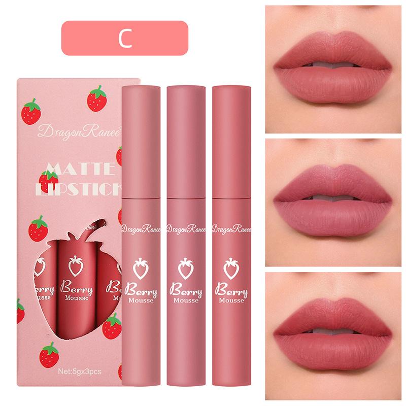 3 Strawberry Suit Velvet Matte Lip Gloss Lipstick Lip Gloss Female Non-stick Cup Cute Suit