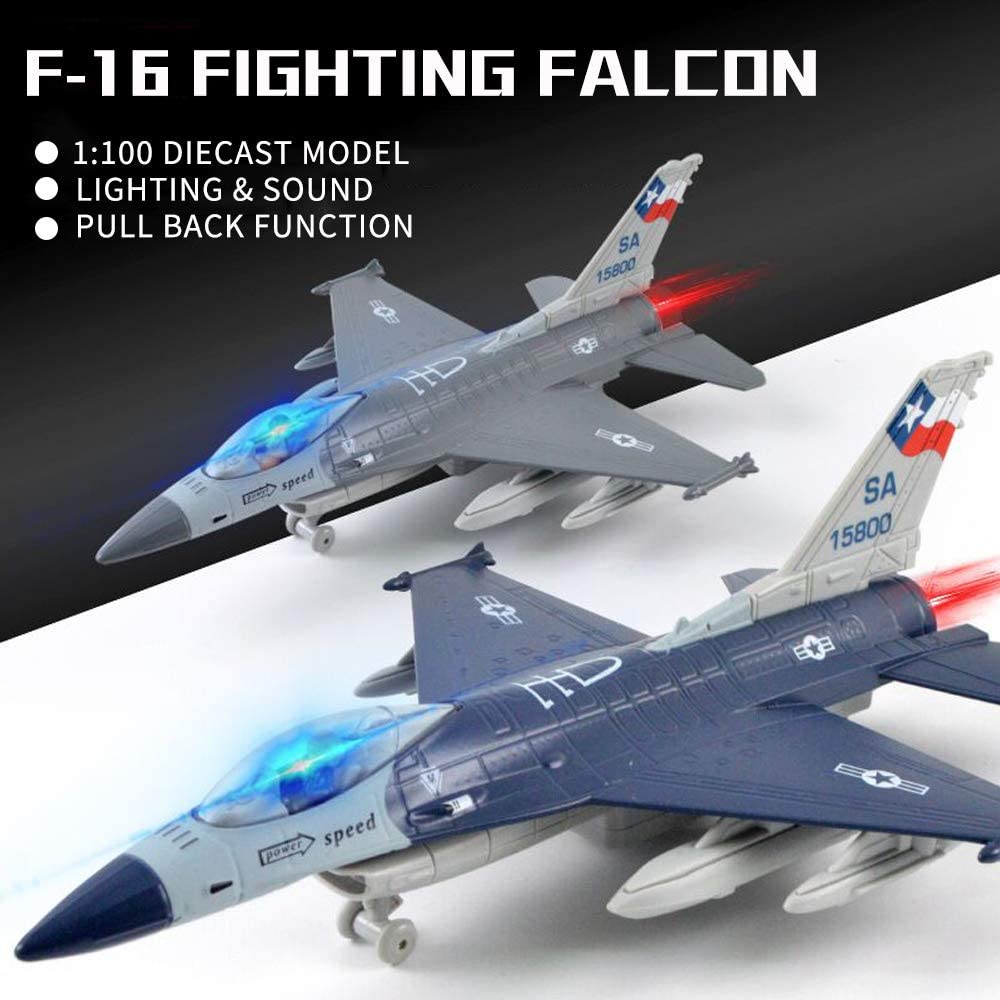 Diecast F16 Bojové letadlo Falcon Model letadla Armádní letectvo Hračky Vojenské letadlo Zatáhněte se světly a zvuky