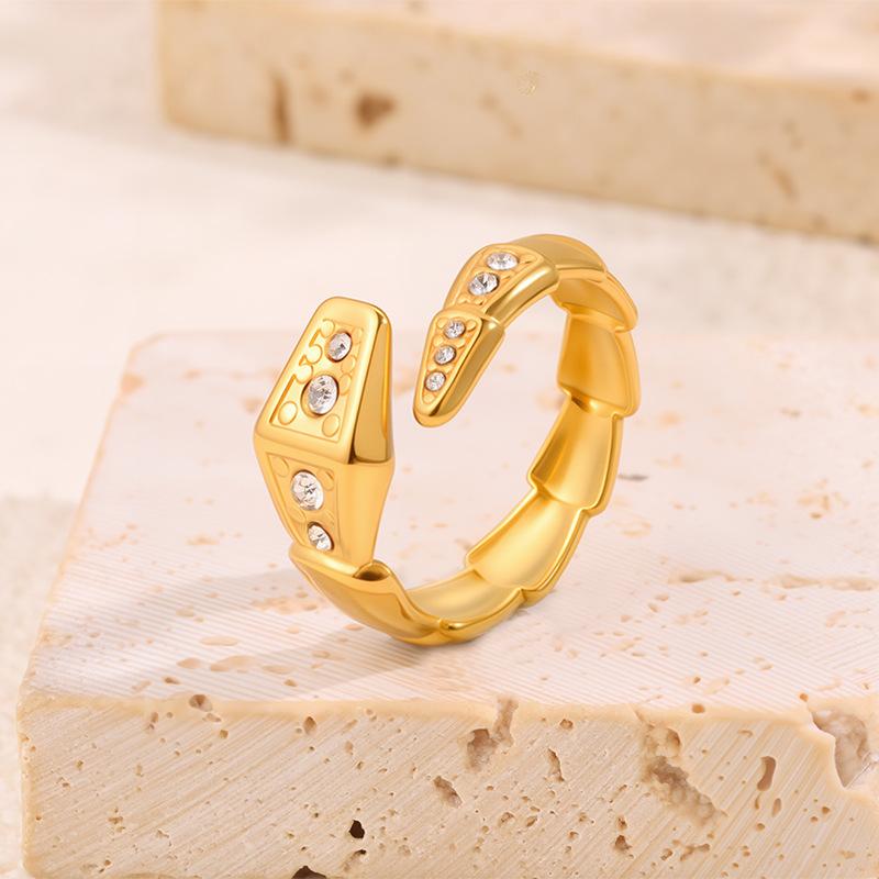 Ring - Elegant Female Style White Mother-of-pearl Snake-shaped Open-ended Ring - 18K Gold Electroplated with Diamonds - Snake Bone Ring