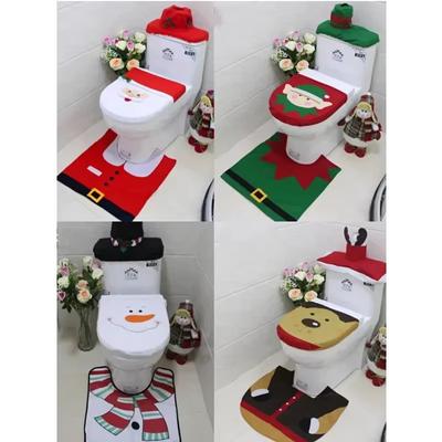 3-piece Christmas Decoration Family Hotel Santa Claus Snowman Elk Toilet Seat Set Carpet Vest with Tissue Box Set