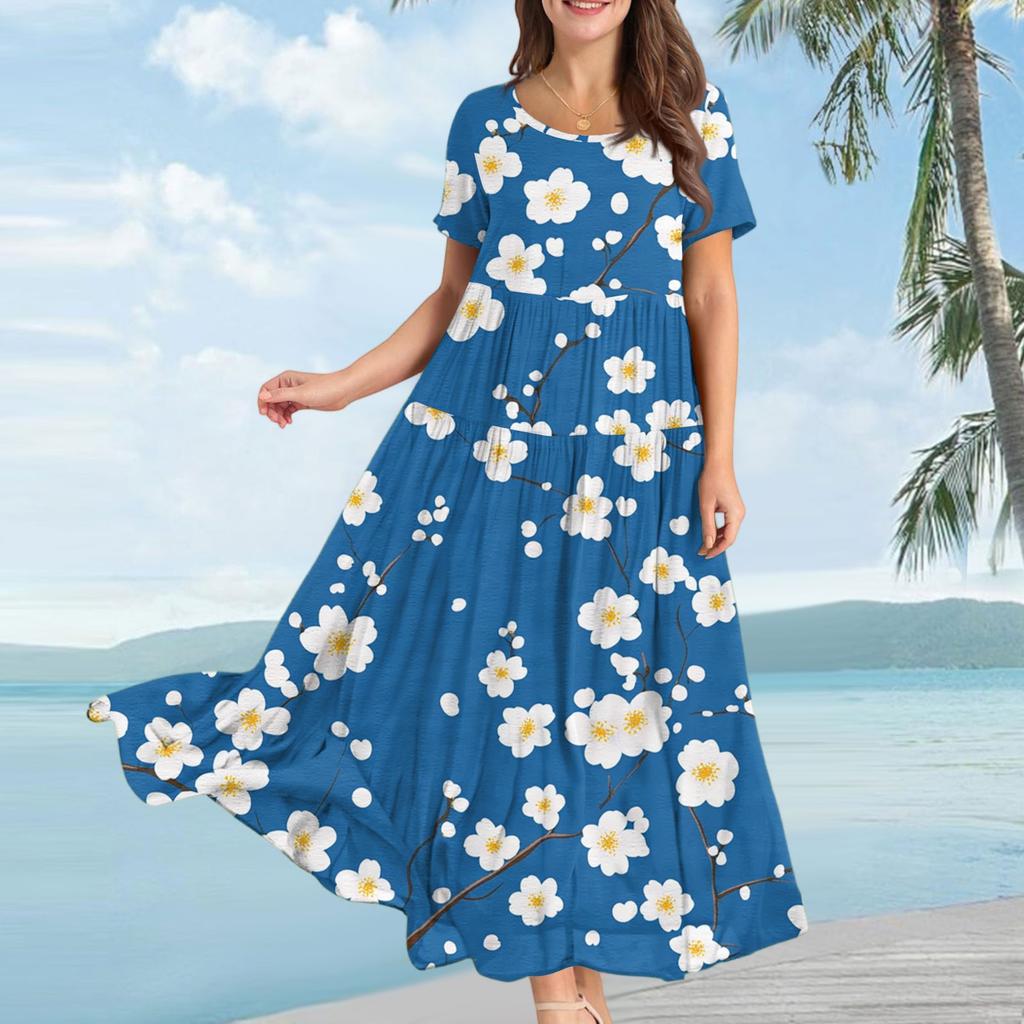Damen Lässiges Lockeres Böhmisches Kleid mit Blumenmuster und Kurzen Ärmeln