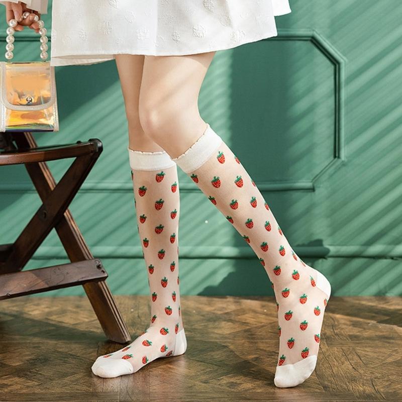 Crystal Glass Silk See Through Long Socks for Women Elegant Sweet Strawberry Pattern Ultrathin Knee Highs Stockings