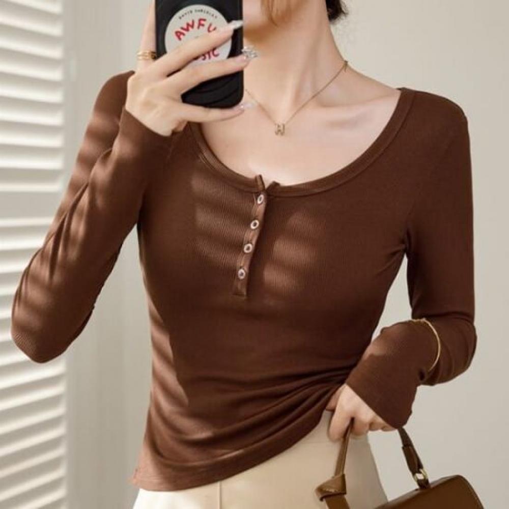 Navava Women Slim FiT Solid Rib BUTTon U Neck Long Sleeve T shirT nT3207