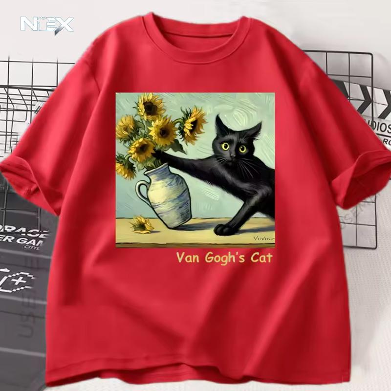 Van Gogh's Cat Art Print T Shirt Funny Graphci T Shirts Cotton Trendy Summer Loose Short Sleeved T-shirt Men Women Harajuku Top