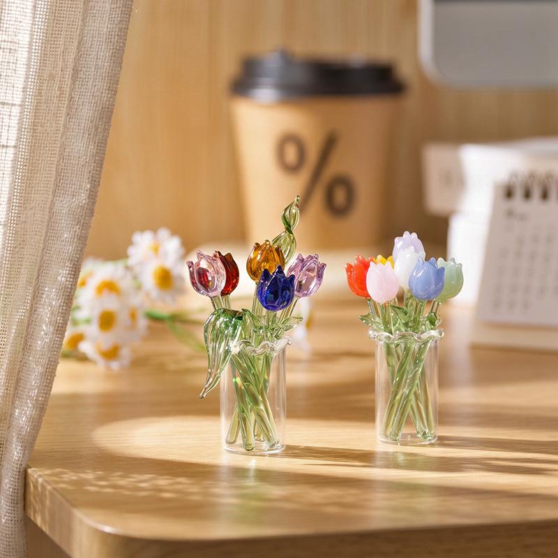 Tulip Glass Flower Handmade Simulation Bouquet Eternal Flower Creative Art Desktop Decoration