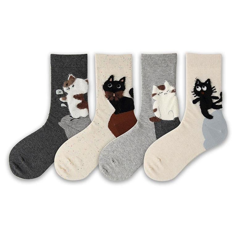 1 Pair Women's Socks Autumn Winter Letter Print Breathable Cat Ankle Socks High Quality Mid-Calf Socks Cute Cat Polyester Blend