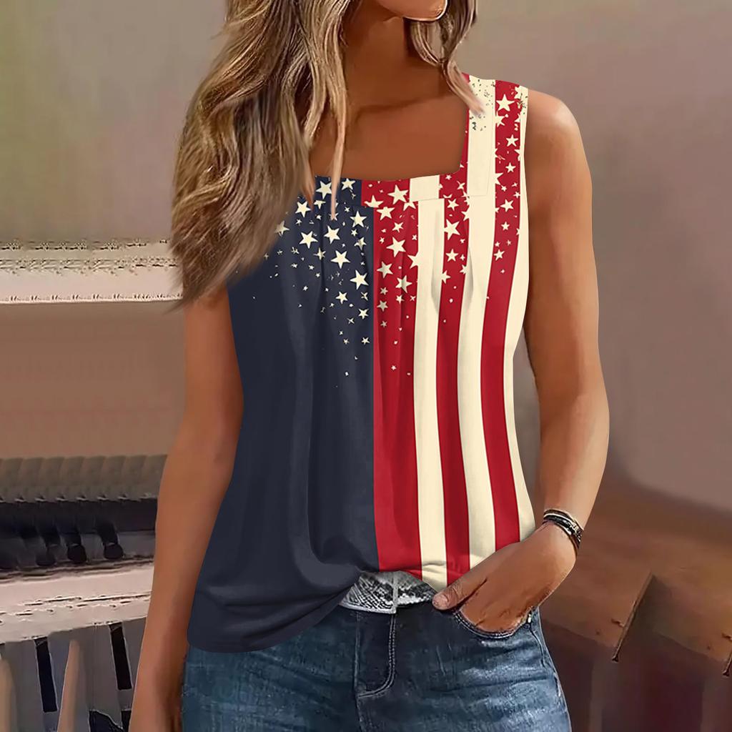 Square Collar Tank Top Women Print Tank Tee Casual Loose Fit Sleeveless Shirt