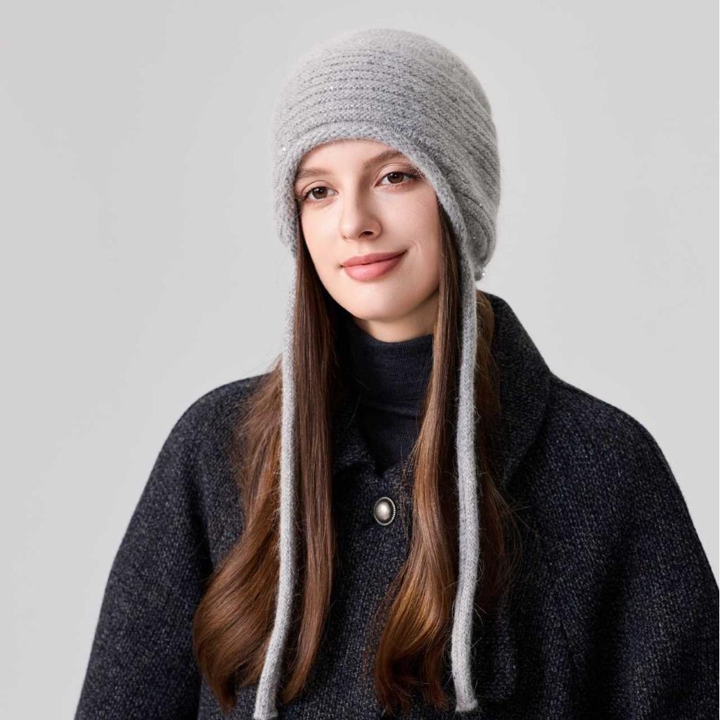 Strap ear protectors knitted hat for women, thickened warm bag head wool hat in autumn and winter, retro pullover cold hat