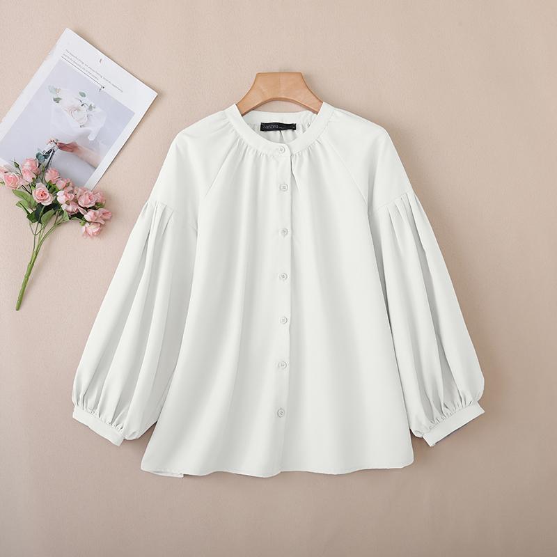 

ZANZEA Женская повседневная однотонная блузка с круглым вырезом и длинным рукавом 5XL