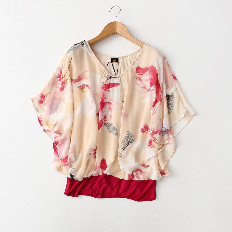 

Export Tail Single Summer Loose Slim Fit Print Chiffon Shirt False Two-Piece Suit Bat Tops Female Modal Patchwork Red Print Euro code-S