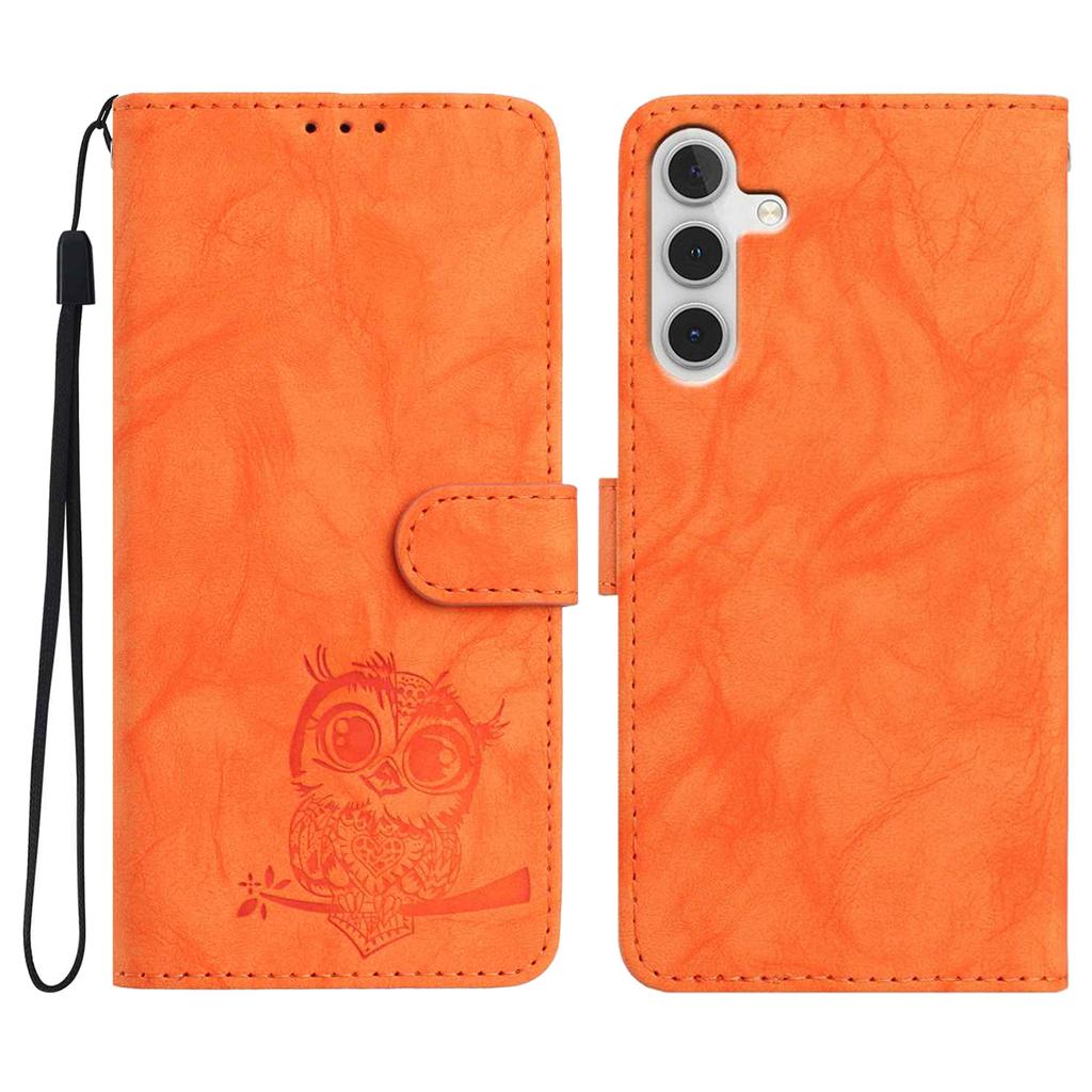 For Samsung Galaxy S25 FE Case Owl Imprinted PU Leather Wallet Phone Cover with Wrist Strap