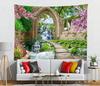 Cherry Blossoms Green Trees River Bridge Nature Tapestry Stone Arch Mountain Waterfall Landscape For Bedroom Living Room Dorm