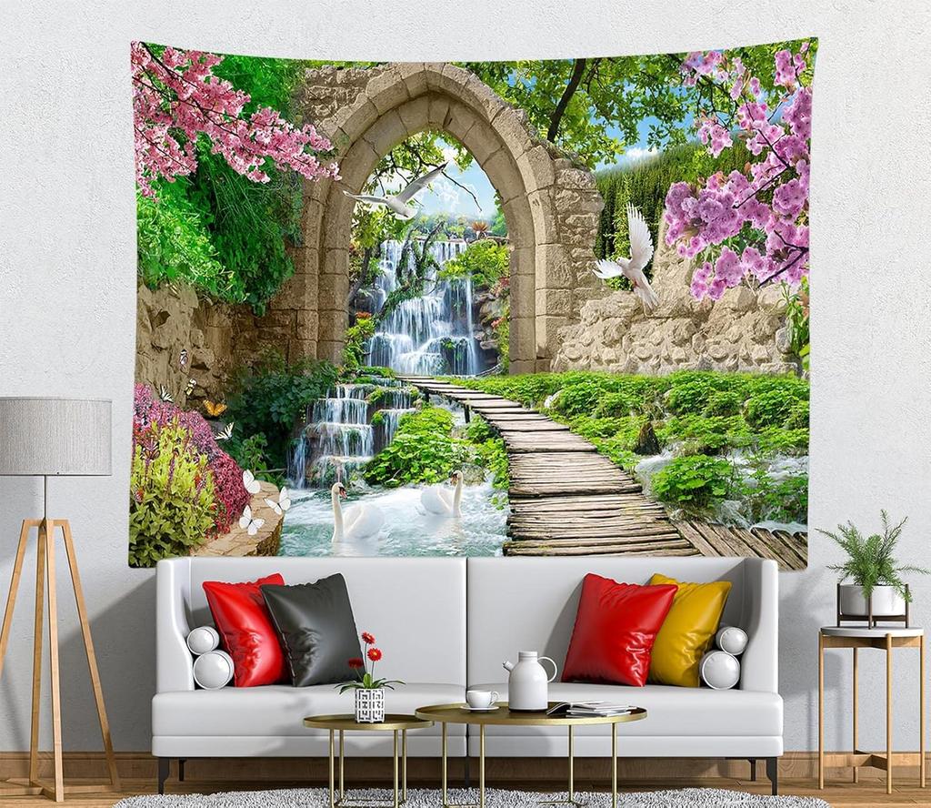Cherry Blossoms Green Trees River Bridge Nature Tapestry Stone Arch Mountain Waterfall Landscape For Bedroom Living Room Dorm