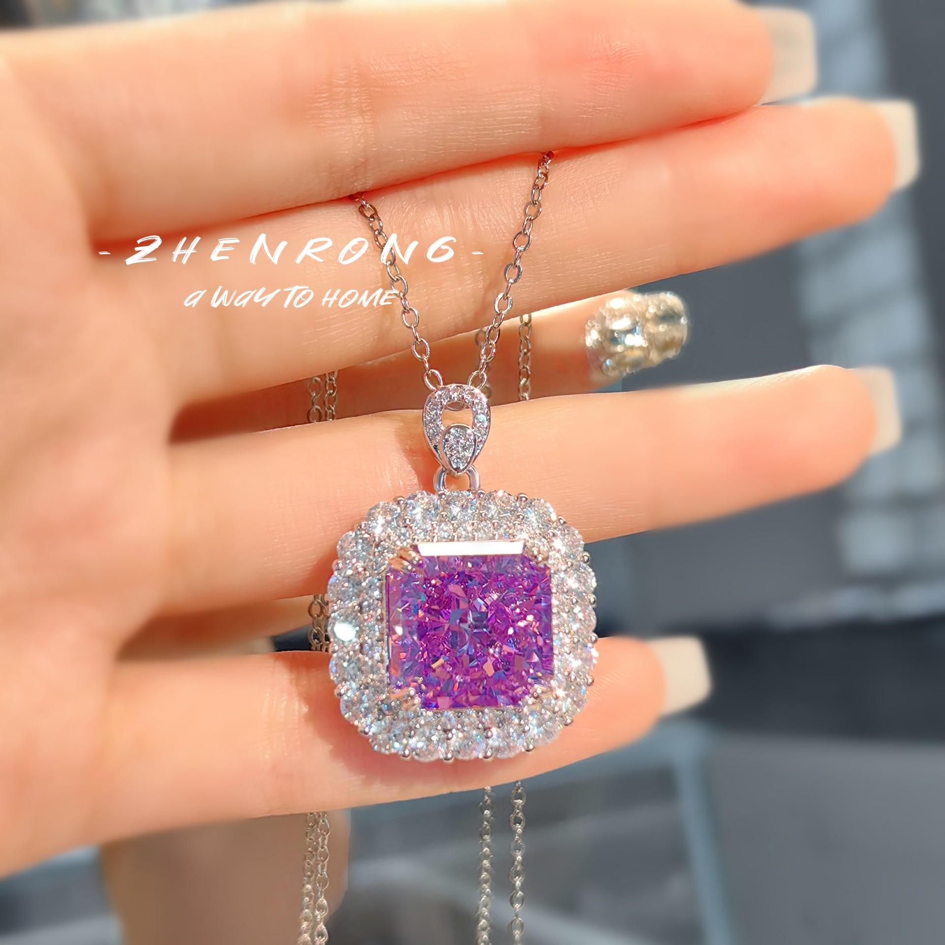 

Square 6Ct Crushed Ice Cut Lad Amethyst Geometric Pendant Necklace Elegant Engagement Wedding Jewelry Fashion Gifts For Women 45cm