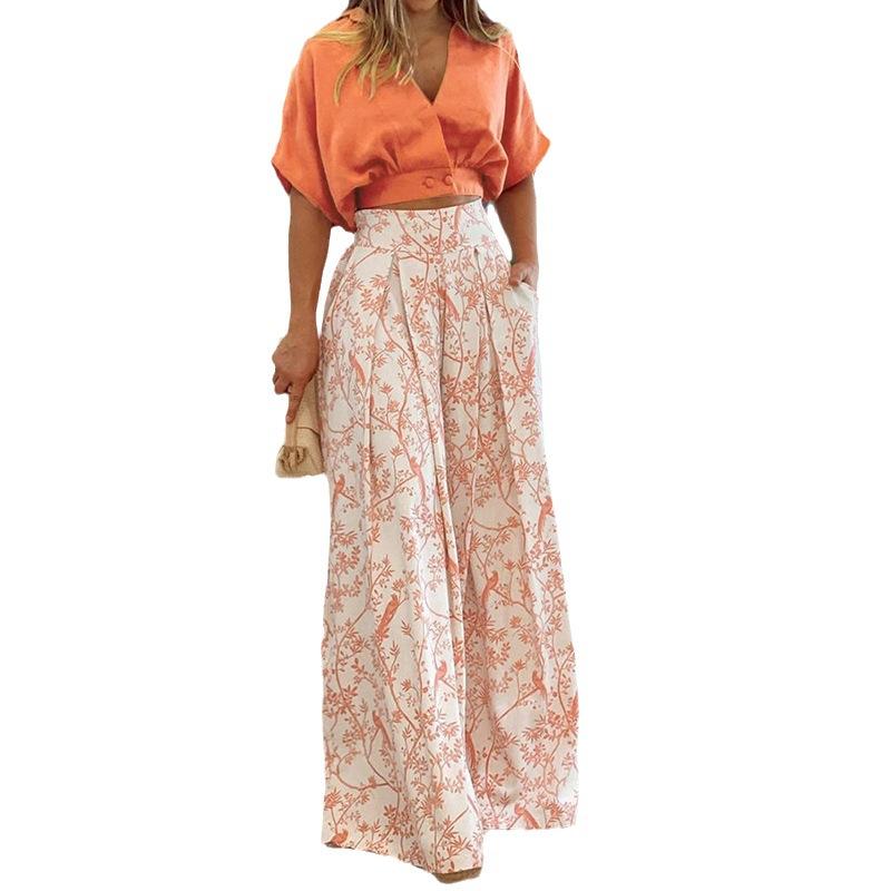 Women's Two Piece Set V Neck Crop Top Floral Wide Leg Pants Summer Outfit